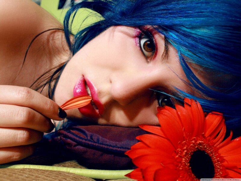 Woman with Blue Hair — Dramatic, Photograph, Flower, Makeup