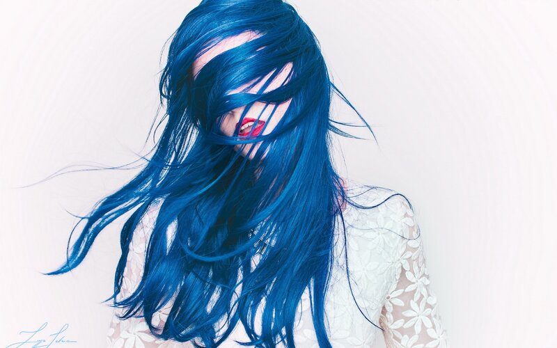 Woman with Blue Hair — Dramatic, Photograph, Red Lipstick