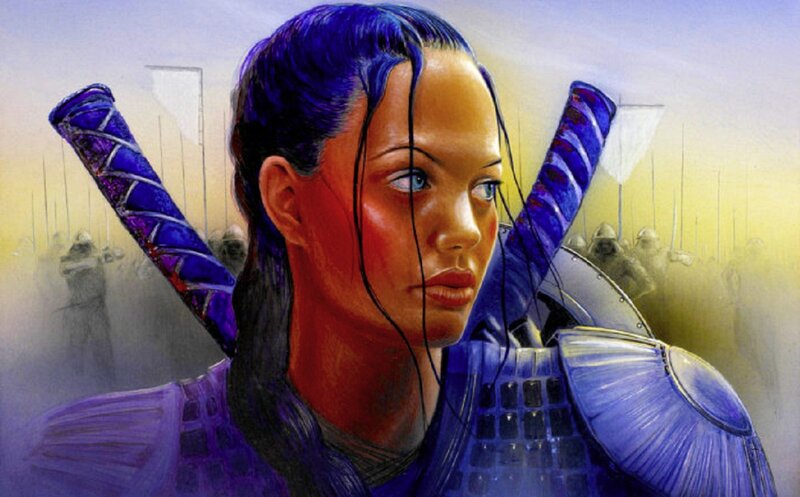 Woman with Blue Hair — Dramatic, Sunset, Digital Art, Swords