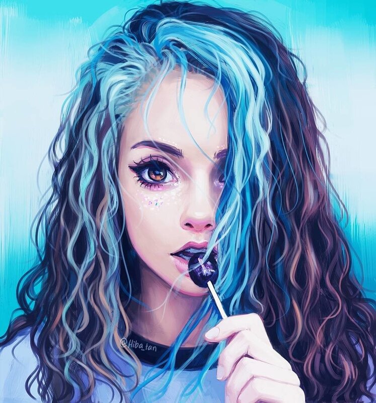 Woman with Blue Hair — Dreamy, Digital Art, Lollipop