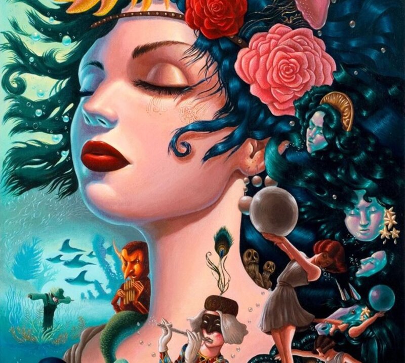 Woman with Blue Hair — Dreamy, Digital Art, Roses