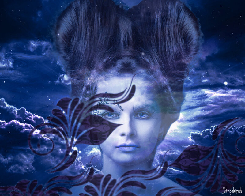 Woman with Blue Hair — Dreamy, Night, Digital Art, Clouds