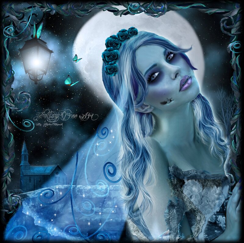 Woman with Blue Hair — Dreamy, Night, Digital Art, Moon, Butterflies