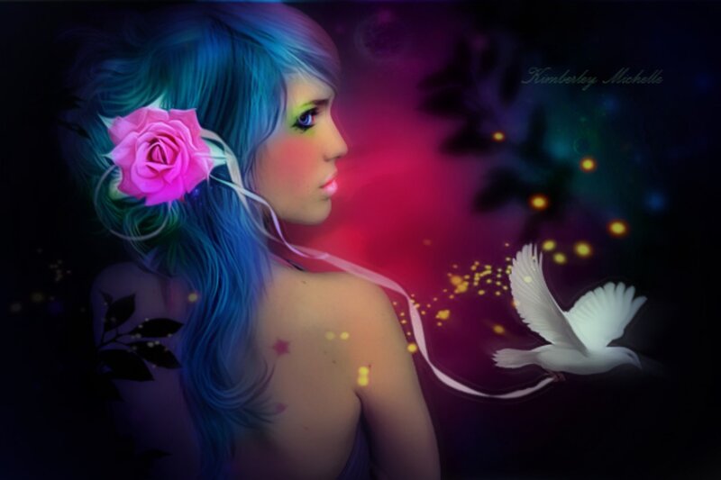 Woman with Blue Hair — Dreamy, Night, Digital Art, Rose
