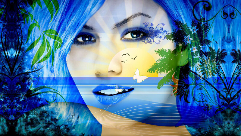 Woman with Blue Hair — Dreamy, Sunset, Digital Art