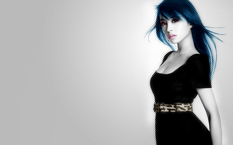 woman with blue hair in black dress