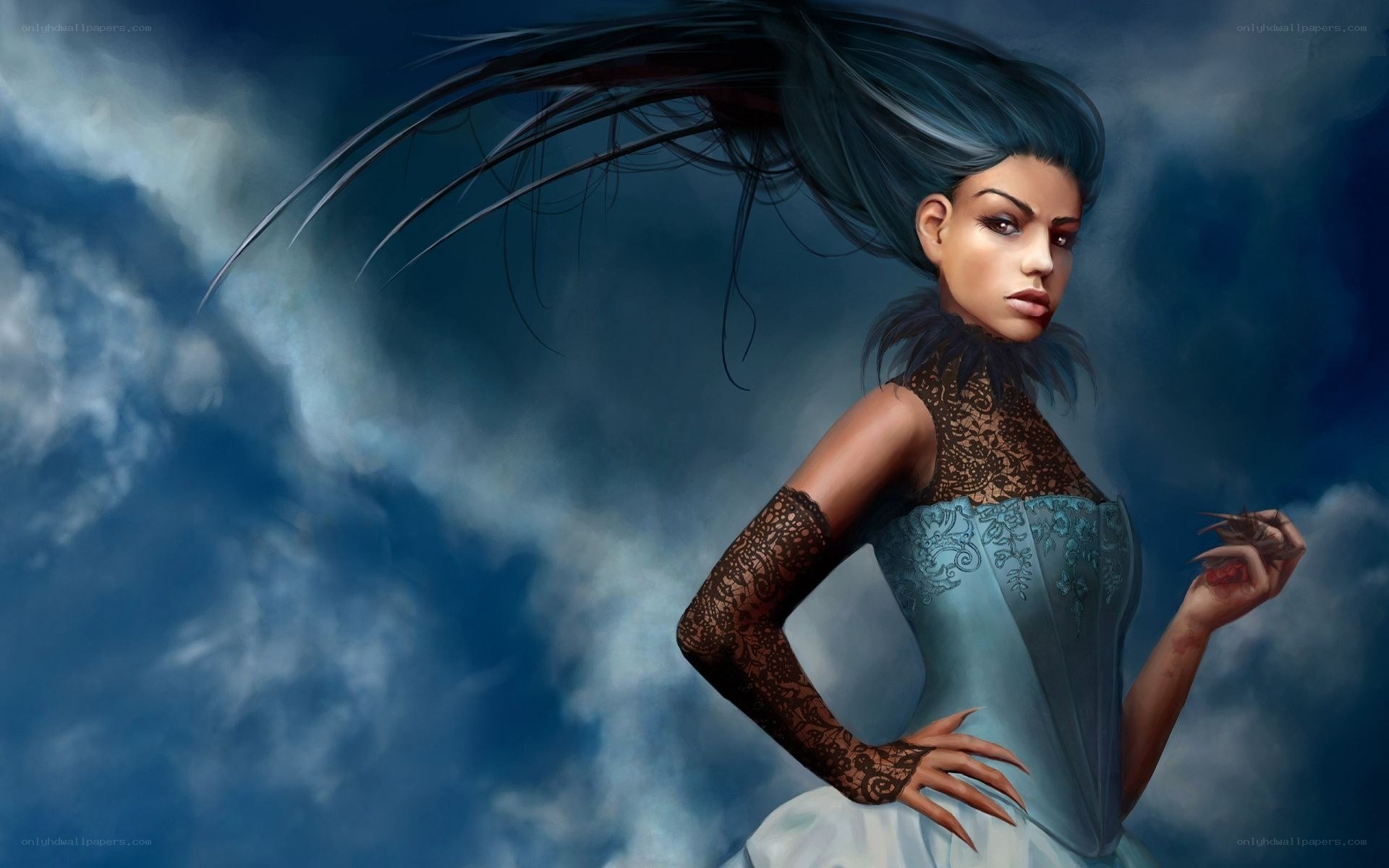 woman with blue hair in storm