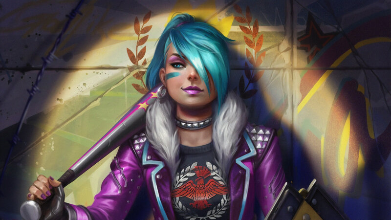 Woman with Blue Hair — Purple, Dramatic, Digital Art, Baseball Bat