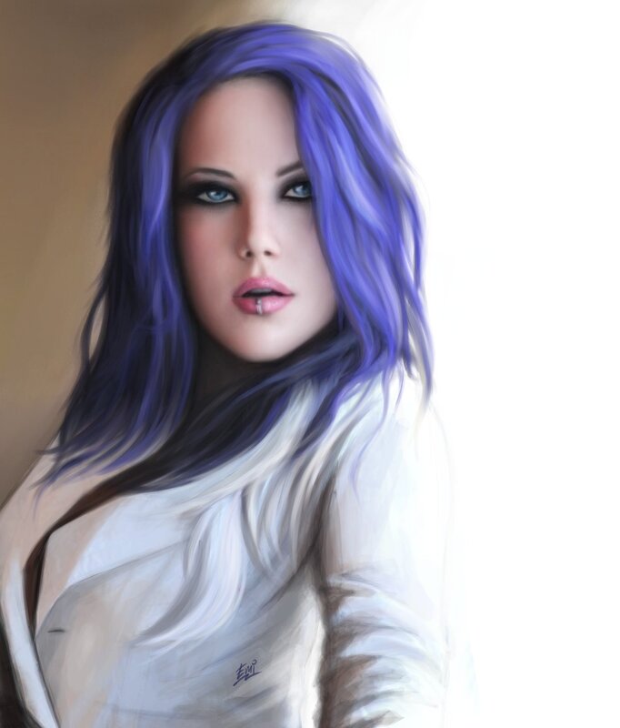 Woman with Blue Hair — Purple, Dramatic, Digital Art, Blue Eyes
