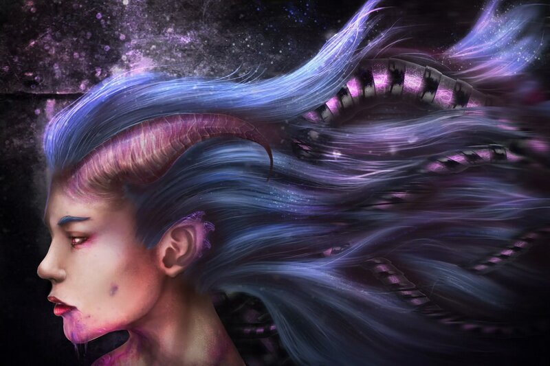 Woman with Blue Hair — Purple, Dramatic, Digital Art, Horn