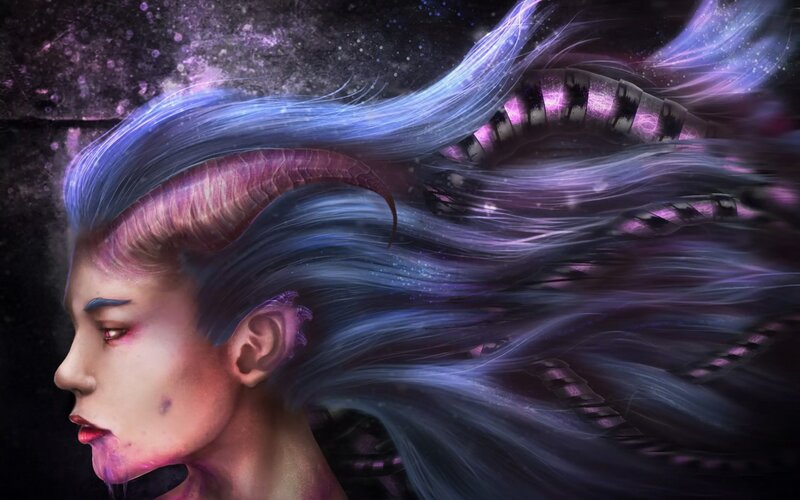 Woman with Blue Hair — Purple, Dramatic, Night, Digital Art, Horns