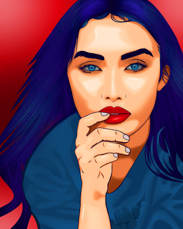 Woman with Blue Hair — Red, Dramatic, Digital Art, Red Lipstick