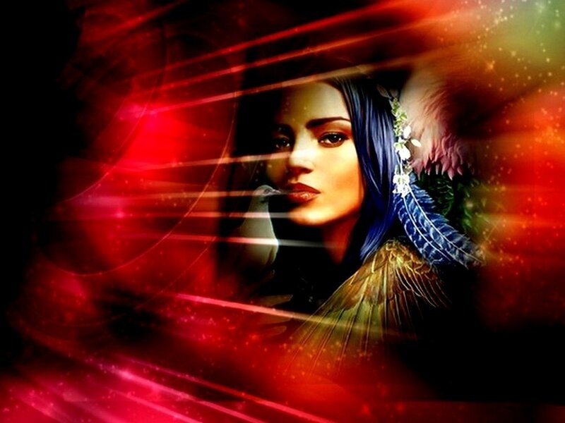 Woman with Blue Hair — Red, Dramatic, Digital Art