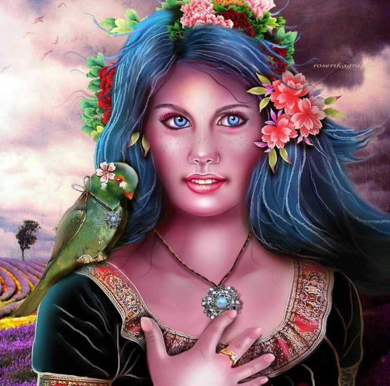 Woman with Blue Hair — Serene, Afternoon, Digital Art, Parrot