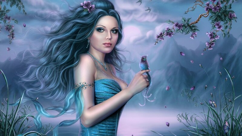 Woman with Blue Hair — Serene, Digital Art, Bird