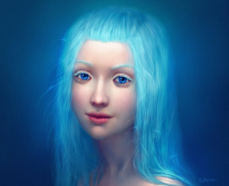 Woman with Blue Hair — Serene, Digital Art, Blue Eyes