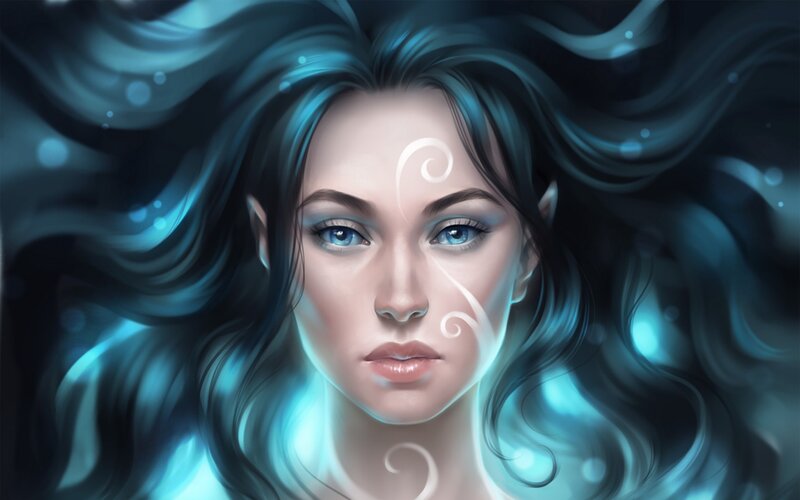 Woman with Blue Hair — Serene, Digital Art, Blue Eyes, Whirls