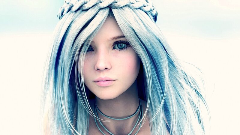 Woman with Blue Hair — Serene, Digital Art, Braided Crown