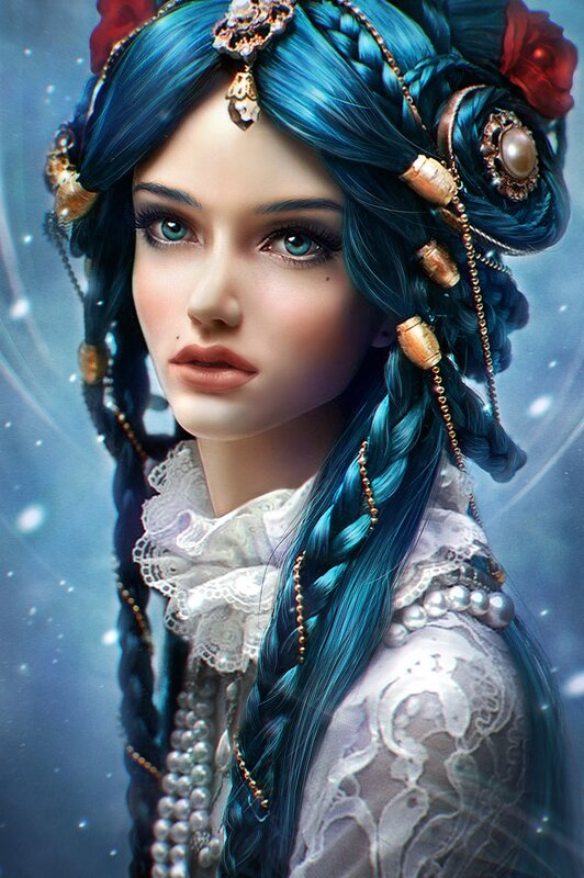 Woman with Blue Hair — Serene, Digital Art, Braids