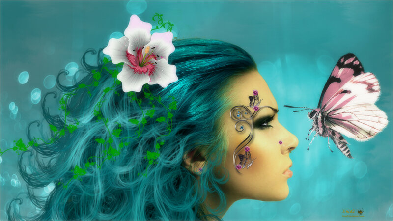 Woman with Blue Hair — Serene, Digital Art, Butterfly, Flower