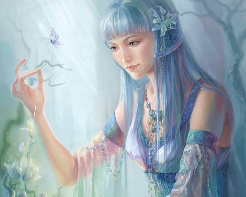 Woman with Blue Hair — Serene, Digital Art, Butterfly