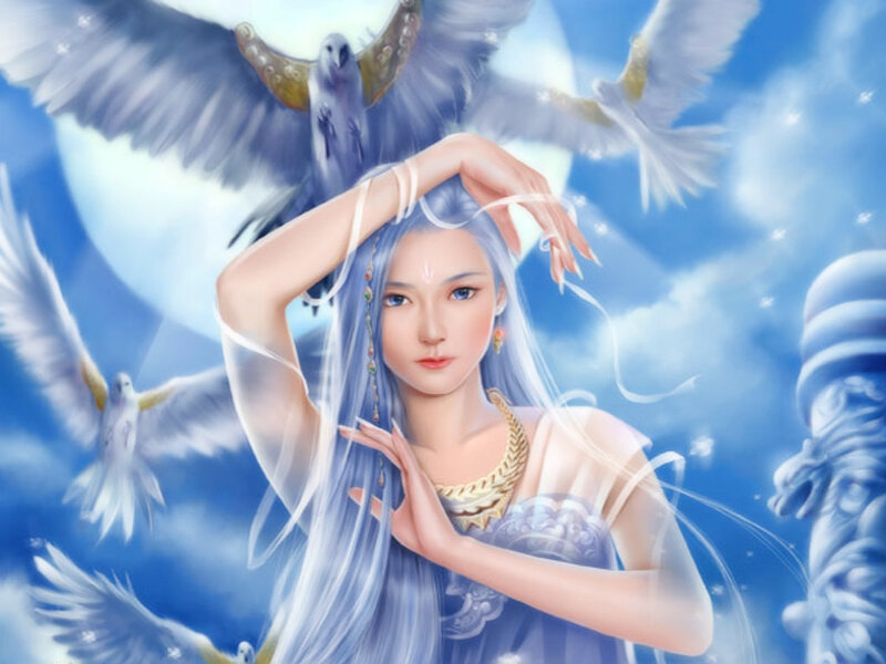 Woman with Blue Hair — Serene, Digital Art, Doves