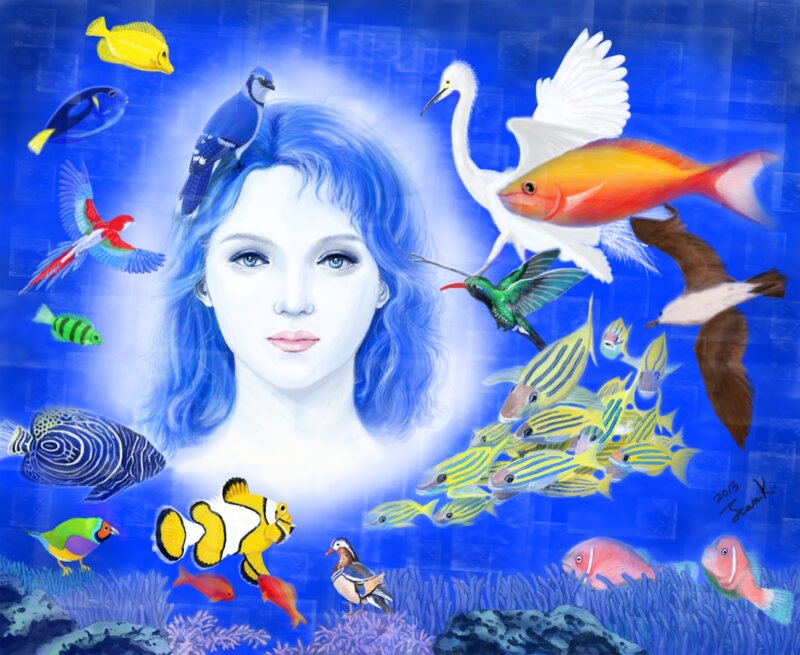 Woman with Blue Hair — Serene, Digital Art, Fish