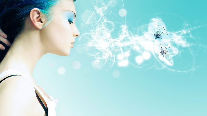 Woman with Blue Hair — Serene, Digital Art, Flowers, Eyeshadow