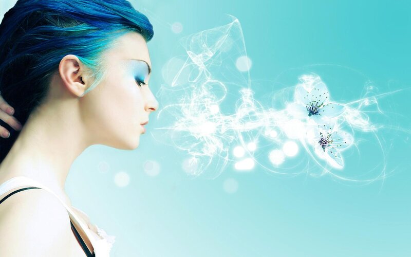 Woman with Blue Hair — Serene, Digital Art, Flowers, Smoke