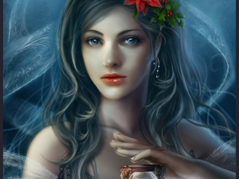 Woman with Blue Hair — Serene, Digital Art, Flowers