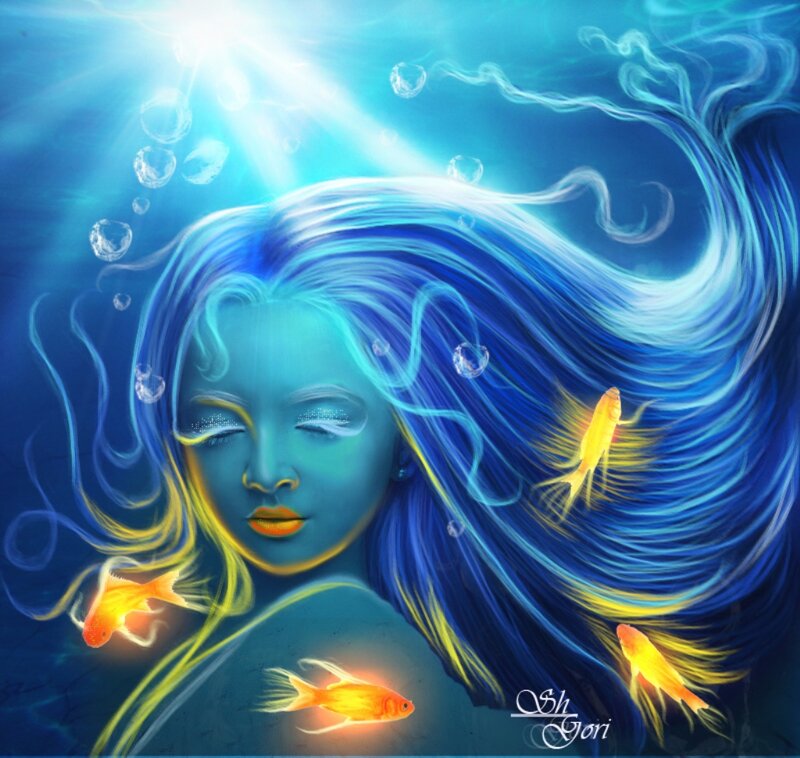 Woman with Blue Hair — Serene, Digital Art, Goldfish, Bubbles, Light Rays