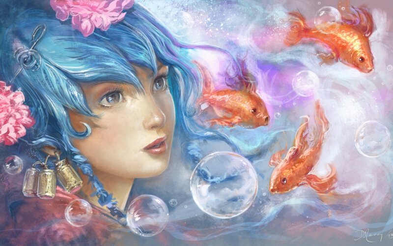 Woman with Blue Hair — Serene, Digital Art, Goldfish