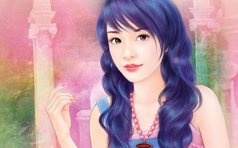 Woman with Blue Hair — Serene, Digital Art, Necklace, Columns