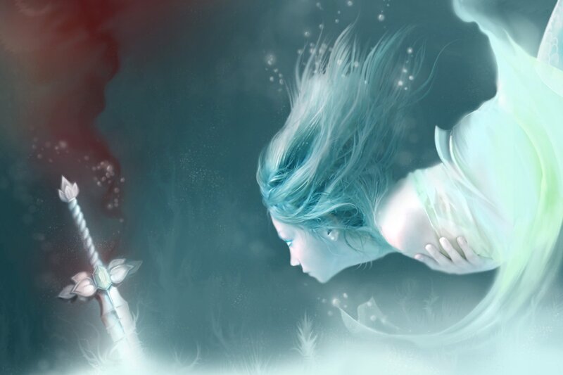 Woman with Blue Hair — Serene, Digital Art, Sword, Light