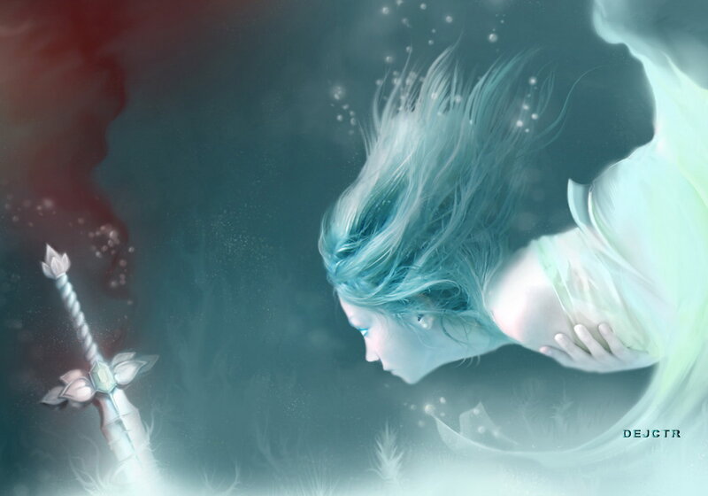 Woman with Blue Hair — Serene, Digital Art, Sword