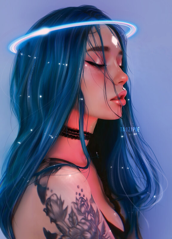 Woman with Blue Hair — Serene, Digital Art, Tattoo