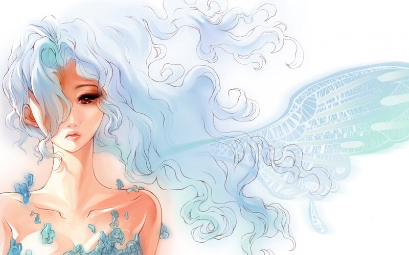 Woman with Blue Hair — Serene, Digital Art, Wings