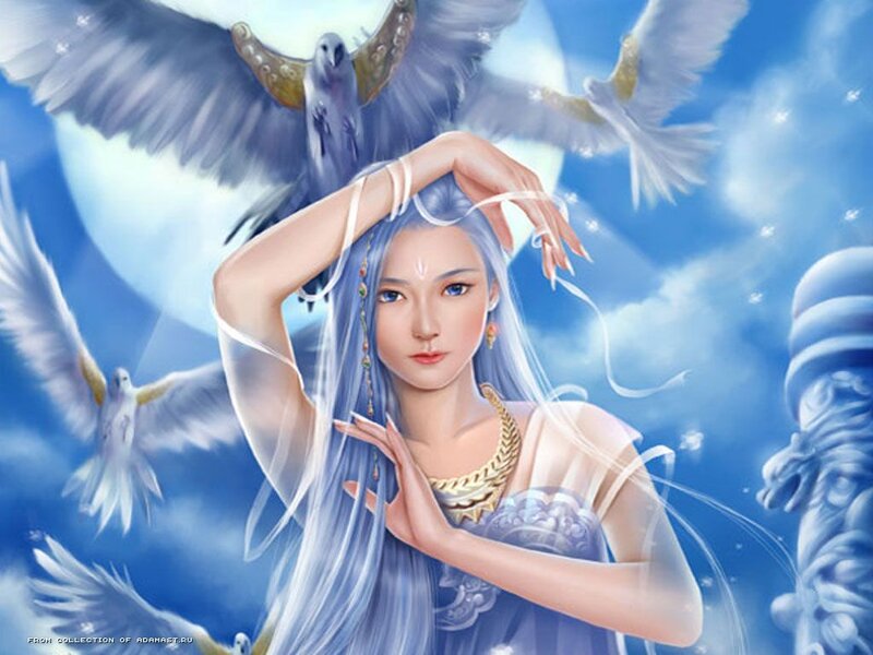 Woman with Blue Hair — Serene, Night, Digital Art, Doves