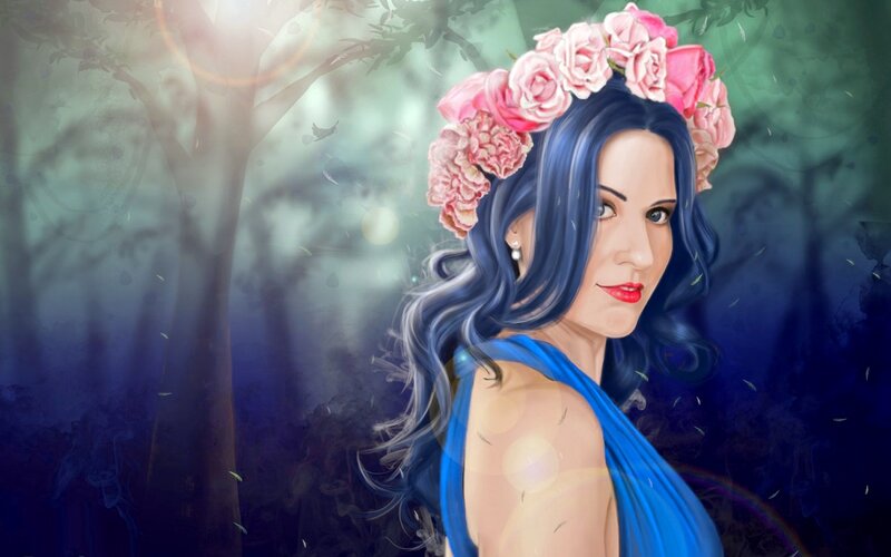 Woman with Blue Hair — Serene, Night, Digital Art, Flower Crown