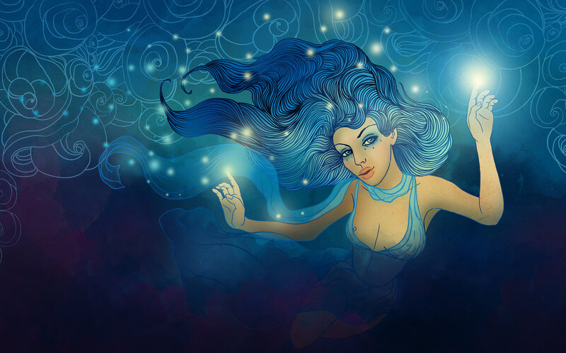 Woman with Blue Hair — Serene, Night, Digital Art, Light
