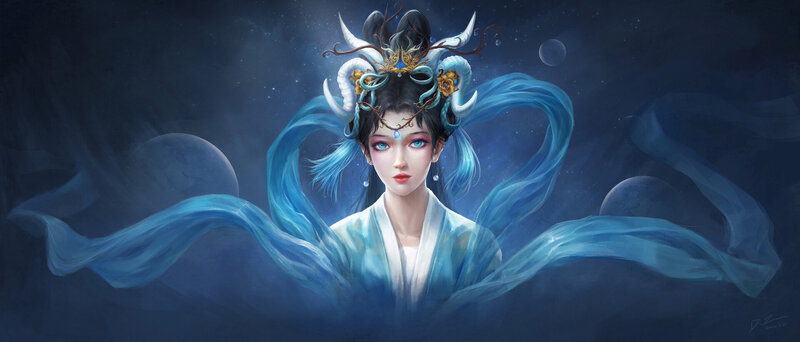 Woman with Blue Hair — Serene, Night, Digital Art, Moon, Headpiece