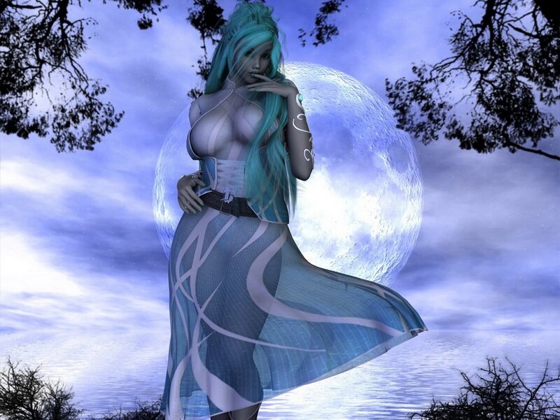 Woman with Blue Hair — Serene, Night, Digital Art, Moon, Trees