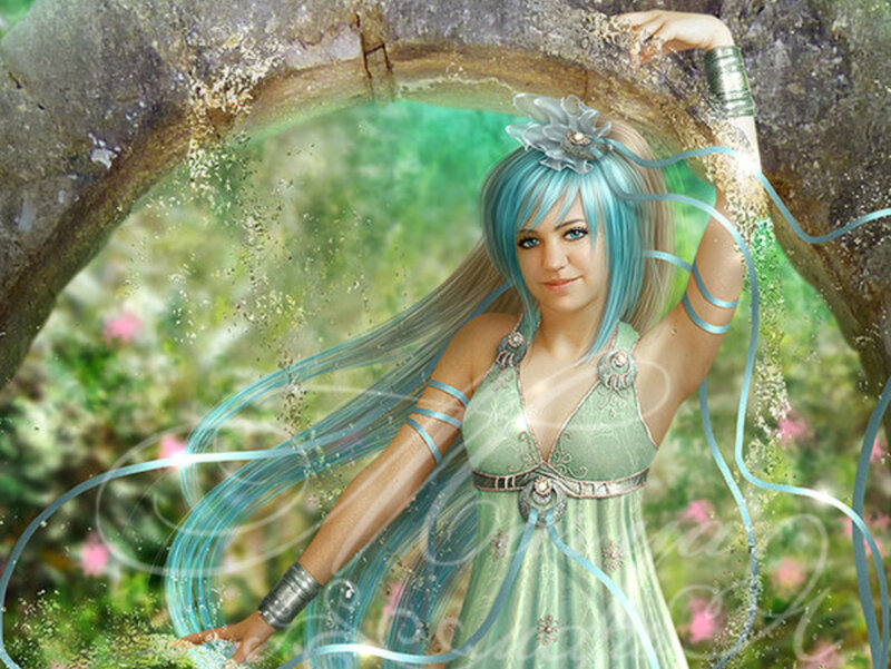 Woman with Blue Hair — Serene, Spring, Digital Art, Dress