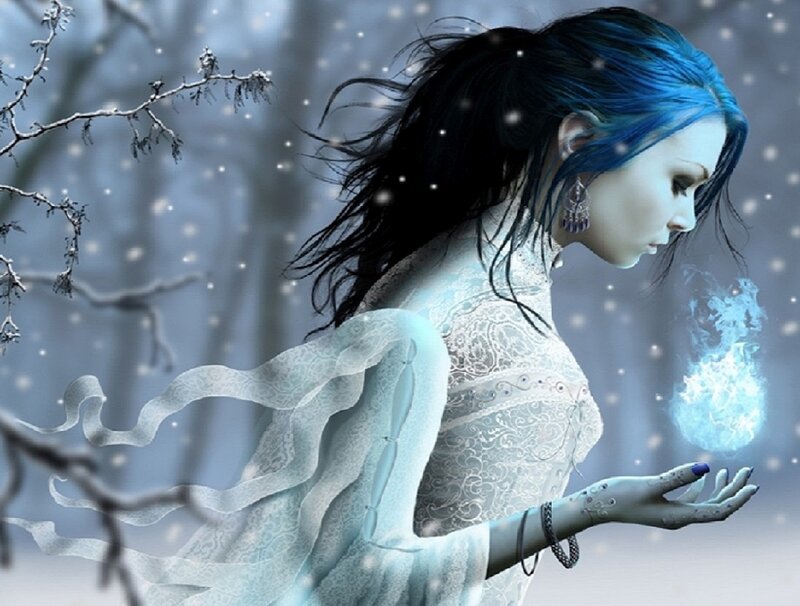 Woman with Blue Hair — Serene, Winter, Digital Art, Snow, Magic