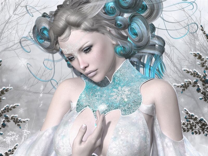 Woman with Blue Hair — White, Serene, Winter, Digital Art