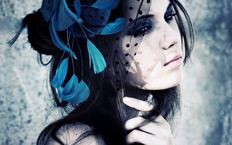 Woman with Blue Headpiece — Dramatic, Photograph, Veil