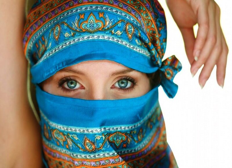 Woman with Blue Headscarf — Dramatic, Photograph