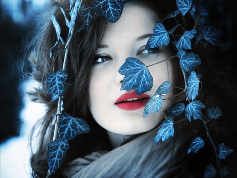Woman with Blue Leaves