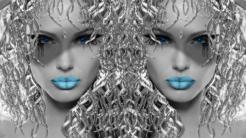 Woman with Blue Lips — Black, Dramatic, Digital Art
