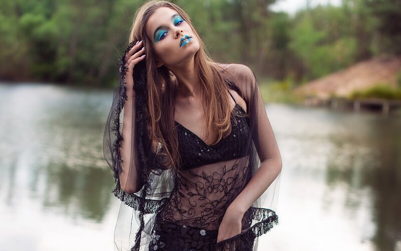 Woman with Blue Makeup — Black, Dramatic, Photograph